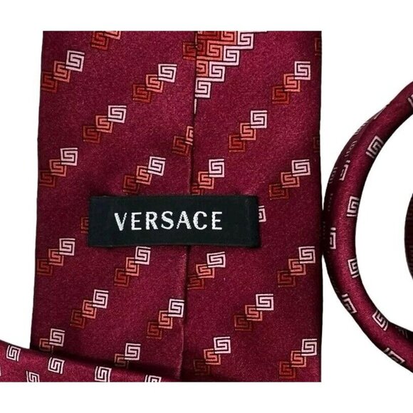 VERSACE Men's 100% Silk Necktie LUXURY Tie XL Burgundy Monogram Logo W:3.5" EUC - Picture 2 of 7